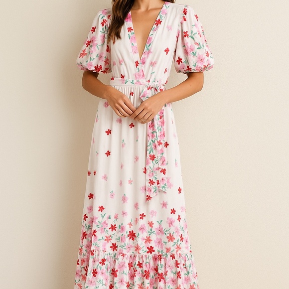 Draper James RSVP Floral Wrap Midi Dress Puff Sleeve White Pink Red M - Picture 1 of 9